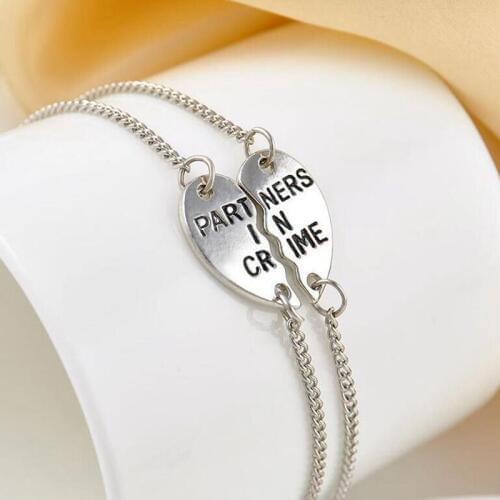 Vintage Silver Partners in Crime Bracelets Bangle For Women Jewelry Best Friends Broken Heart Charms Bracelets Gift Handcraft