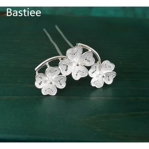 Bastiee 999 Sterling Silver Flower Hair Stick Accessories For Women Hair Jewelry Pins Miao Handmade Hmong Chinese Hanfu Hairpin