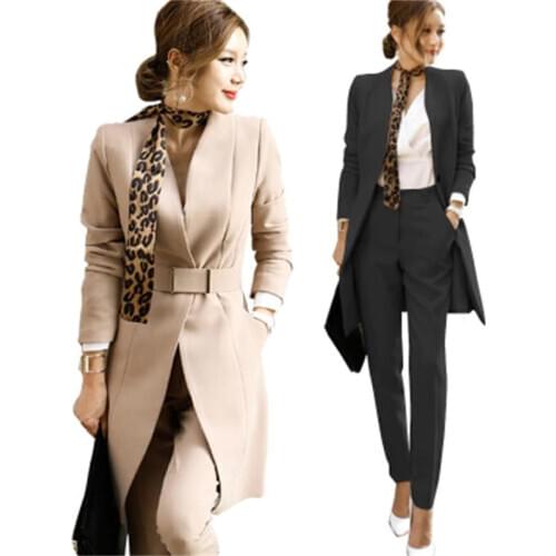 Fashion Set female clothing fall winter suit two-piece New Leisure slim solid color long suit jacket + slim trousers Set women