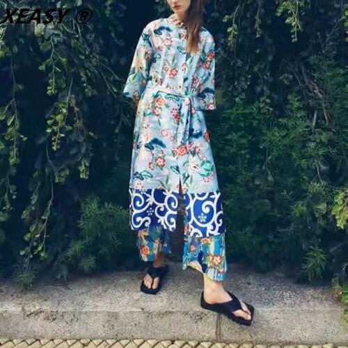 XEASY 2021 Women Fashion With Belt Floral Print Midi Shirt Dress Vintage Short Sleeve Chic Side Slit Hem Female Summer Dresses