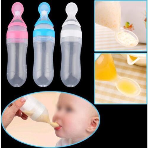 90ml Silicone Squeeze Baby Infants Rice Cereal Bottles With Spoon Newborn Toddler Feeder Feeding Bottle