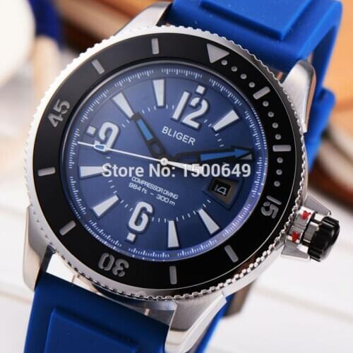 43mm Bliger Ocean Blue rubber strap blue dial automatic Mechanical mens Watch 1921