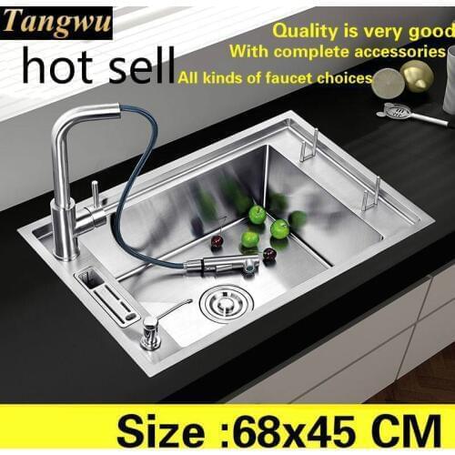 Free shipping Luxury individuality kitchen manual sink single trough food grade 304 stainless steel standard hot sell 68x45 CM