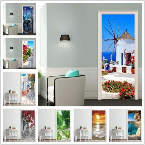 Room Decoration Poster Door Sticker 3D Country Scenery Sticker Mural Door Decals Wall Papers Home Decor PVC Papier Peint Adhesif