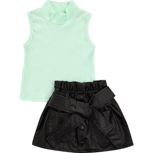 Infant Kids Baby Girls Casual Two-piece Clothes Set, Blue Solid Color Turtleneck Vest and Black Leather Skirt, 2-7 Years