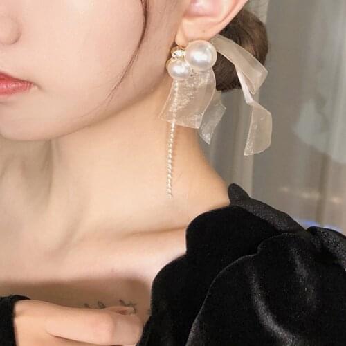 French Perspective Yarn Bowknot Earrings for Women Girls Oversize Imitation Pearl Tie Bow Dangle Earrings Vintage Jewelry