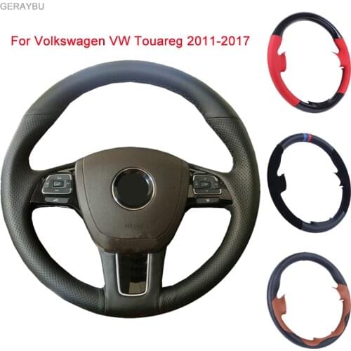 GERAYBU Custom DIY Leather Hand-sewn Car Steering Wheel Cover For Volkswagen VW Touareg 2011-2017 Breathable Wear-resistant