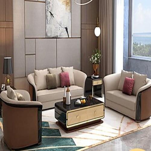 Italian villa large apartment living room solid wood furniture combination simple Nordic light luxury leather suit sofa