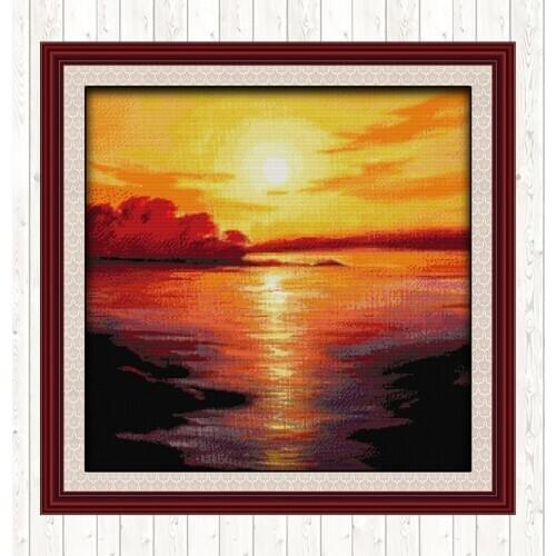 Sea In Twilight Cross Stitch Patterns Landscape Painting 14CT 11CT Counted Canvas DIY Handmade Needlework Sets Printed on Canvas