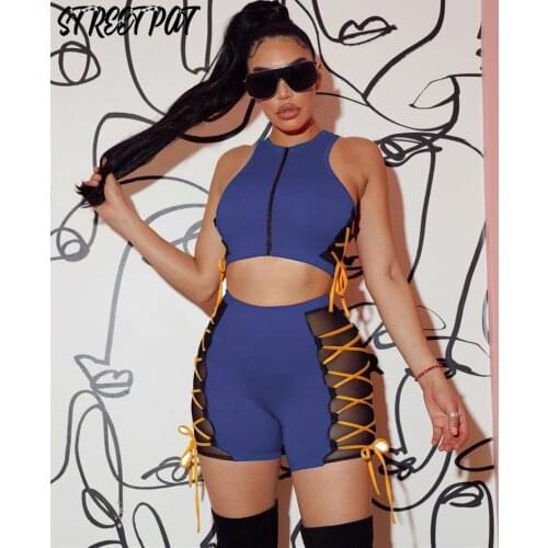 Sexy Mesh Crop Top+Shorts Sets Sleeveless Lace Up Two Piece Set Women Vacation Club Outfits Summer Streetwear Femme