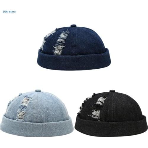 Mens Womens Skullcap Sailor Hat Beanie Rolled Cuff Ripped Yuppie Hats