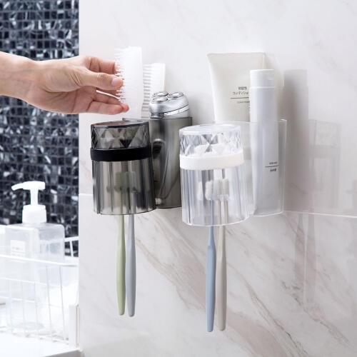 Wall-mounted Toothbrush Holder Toothpaste Organizer Punch Free Washing Cup Set Bathroom Transparent Brushing Cup Rack
