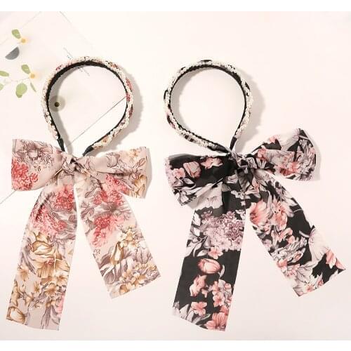 New DIY Winding Pearl Bow Tie Ribbon Hairband For Women Ribbon Ponytail Hair Scrunchies Women Girls Hair Bands Hair Accessories