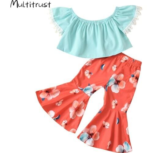 Infant Baby Girl Clothes Blue Lace Up Short Sleeve Top+Floral Print bell bottoms 2pcs Outfit Tracksuit Girl Clothing 1-5Y