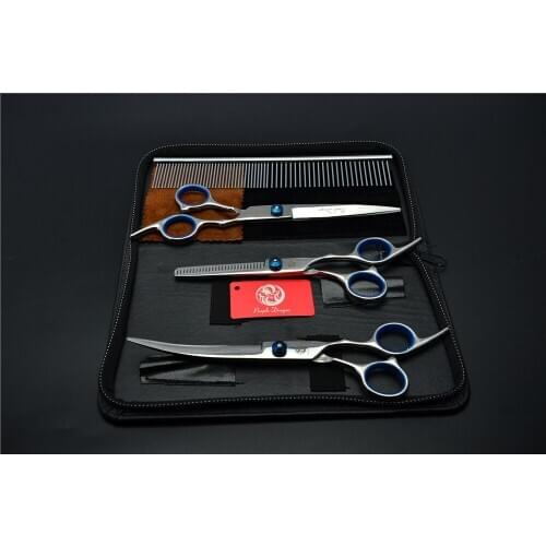 4Pcs Set 3001# 7'' 19cm Hairdressing Scissors Bent Up Dogs Cats Pets Comb + Cutting + Thinning + Curve Shears Hair Scissors Suit