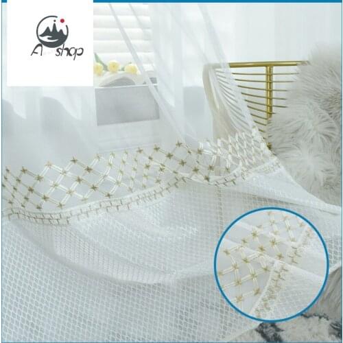 AS New Nordic Minimalist Mesh Translucent Bay Window Embroidered White Gauze Modern Home Curtains for Living Dining Room Bedroom