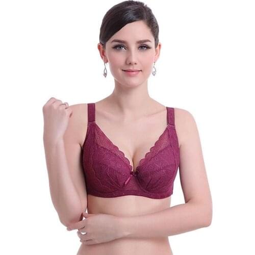 Plus Size Sexy Bow Full Cup 4 Hook-and-eye Adjustable Strap Underwire Thin Bra Push Up Minimizer Lace Busty Bras For Women