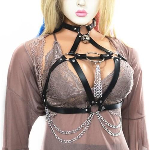 Sexy Lingerie Leather Harness Chain Gothic Garter Belt Bra Harness BDSM Body Bondage Women Erotic Waist Belt Goth Chest Crop Top