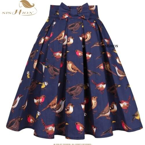 SISHION Navy Blue Birds Printed Women Summer Skirt Plus Size SS0012 Korean Y2K ropa mujer Cotton 50s Vintage Pleated Midi Skirt