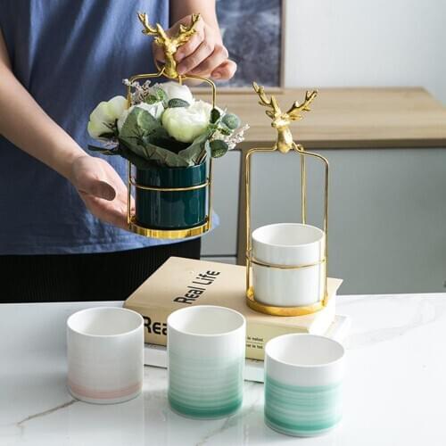 Nordic Deer Head Iron Ceramic Flower Plant Flower Pot Vase Retro Vase White