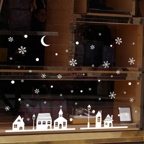 Snowy night village electrostatic Sticker Window Glass Christmas Wall Stickers Home Decals Decoration New Year art wallpaper