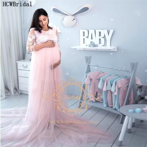 Light Pink Pregnant Women Evening Dress For Photoshoot A Line Half Sleeves Lace Tulle Plus Size Wedding Party Dresses Cheap Gown