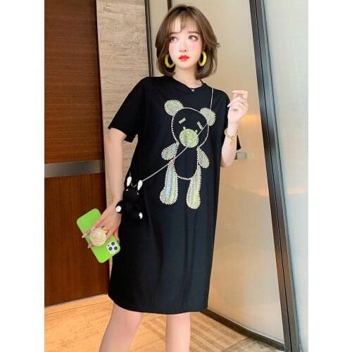 Round collar drills very little bear loose T-shirt dress amoi