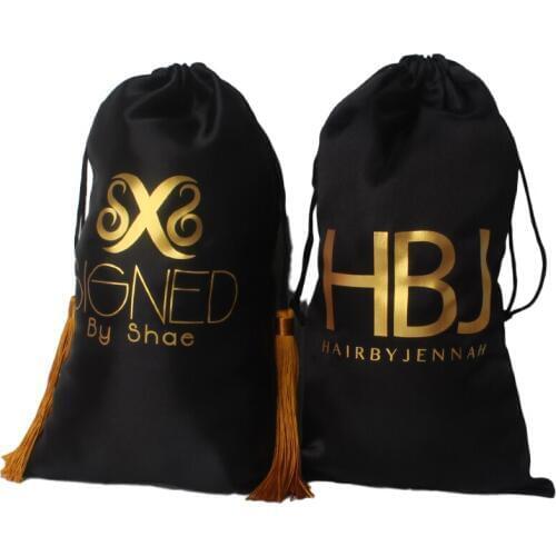 Custom gold foil/glitter logo in black satin bag for hair extensions bundles, virgin hair packaging bags with luxury tassel tie