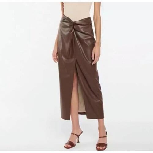 Womens PU Skirt Brown Faux Leather High Waist Elegant Skirt Female Solid Fashion Chic Skirt Ladies Office Midi Skirt Autumn trf