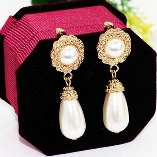 Women Elegant Luxury Golden Tone Jewelry Faux Pearl Stud Earrings