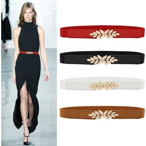 Stretch Skinny Dress Belt Elastic Leaf Shape Women Waist Belt Gold Buckle Fashion Belt Strap White Black Female Waistband