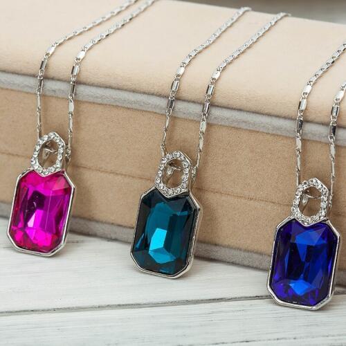 6 Colors Red Blue Rosy Square Rhinestone Crystal Pendant Silver Plated Chain Women Necklace