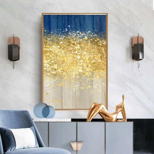 Abstract Gold Foil Canvas Painting Blue Style Poster and Print Modern Minimalist Wall Art Pictures for Living Room Home Decor