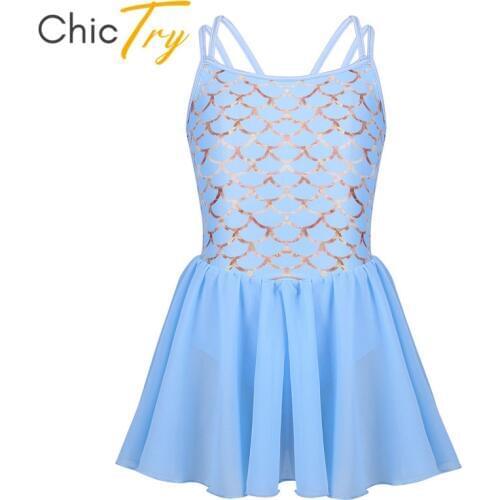 ChicTry Girls Spaghetti Straps Ballet Tutu Gymnastics Leotard Dress Fish Scales Pattern Ballet Leotards Kids Stage Dance Costume