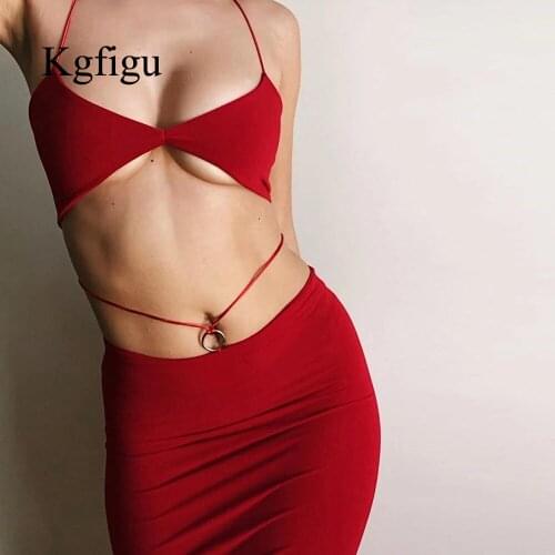 KGFIGU Sleeveless V-Neck Strap Tank Tops High Waist Pencil Skirts Two Piece Sets Women Sexy Party Vests Stretch Clothes On Sale