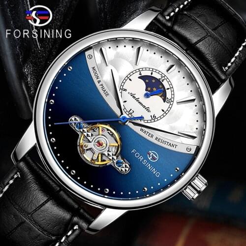 Forsining Classic Blue Moon Phase Mechanical Watches Automatic Tourbillon Mens Genuine Leather Watch Relogio Masculino Dropship