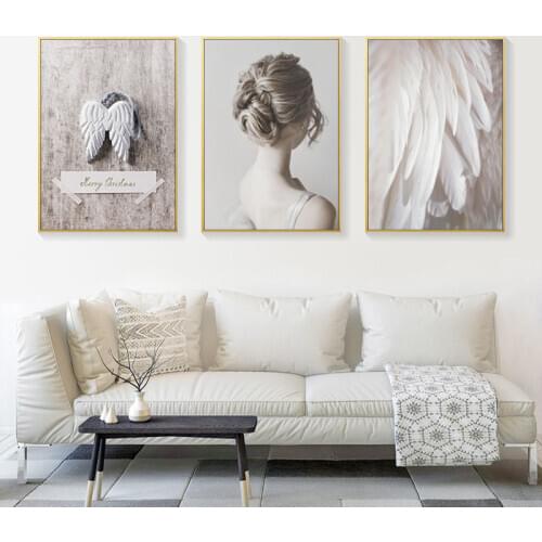 Home Decor Nordic Canvas Painting Wing Feather Figure Wall Art Print Poster Modern Living Room Black White Minimalist Painting
