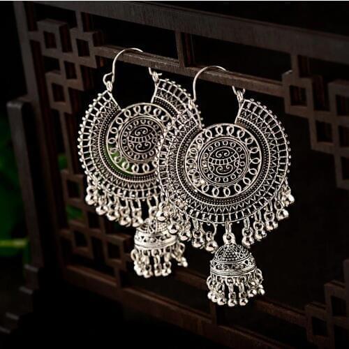 Ethnic Retro Big Round Turkish Bells Indian Jhumka Earrings Womens Classic Vintage Turkey Silver Color Tassel Earrings Bijoux