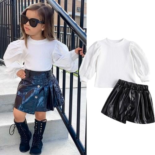 FOCUSNORM 1-6Y Kids Baby Girls Fashion Clothes Sets 2pcs Knit Solid Long Puff Sleeve Top and Leather Skirt