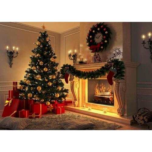 Christmas indoor fireplace Christmas tree Christmas gift photo background Christmas photo background