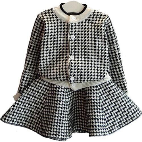 2021 Children Clothes For Knitting Cardigan Tops + Skirt Set Girls Winter Clothing Dresses Plaid Sweaters Kid 2 4 5 6 Seven Year