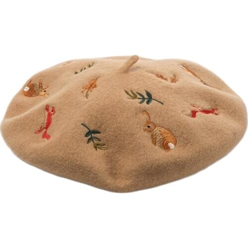 Korean Women Winter Faux Wool Elastic Beret Cap Kawaii Cute Cartoon Forest Rabbit Squirrel Embroidery Painter Beanie Hat