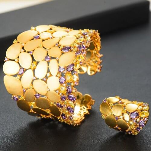 LARRAURI New Micro Cubic Zircon Pave Party Wedding Saudi Arabic Dubai Jewelry Set Luxury Big Delicate Bangle Ring Set For Women