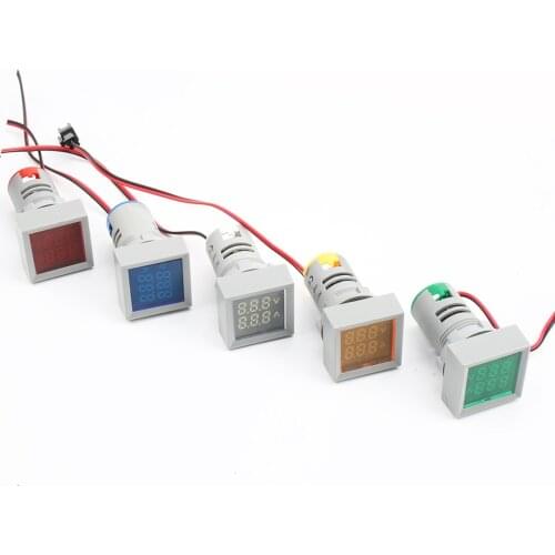 Mini Digital square Voltmeter Ammeter 22mm AC 50-500V 0-100A Volt Voltage Tester Meter Dual LED Indicator Pilot Lamp Light Dual