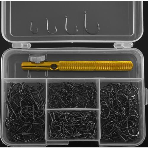 MNFT 350PCS Barded Carp Fishing Hooks,High Carbon Steel Black Hooks +1PC Fishing Hook Knotting Tool Fishing Tackle Box Set