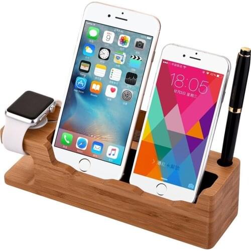 Multi-function Dock Station for Apple Watch iPhone 8 X 11 Pro iPad mini Holder Card Slot Bamboo Wood Stand Charger Desk Bracket