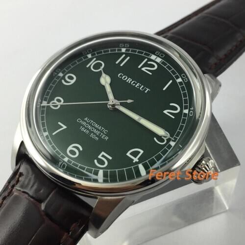 Corgeut 41MM mens watch silver case green dial luminous hands Leather strap MIYOTA automatic mechanical wristwatches men New