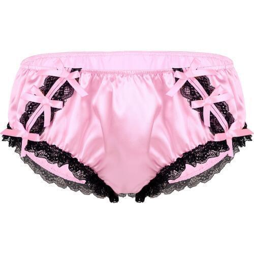 Male Mens Shiny Soft Ruffled Floral Lace Triangle Briefs Satin Lingerie Low Rise Stretchy Bikini Sissy Briefs Underwear