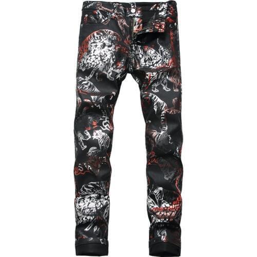 Sokotoo Mens tiger animal printed coated jeans Fashion slim fit black painted stretch pants
