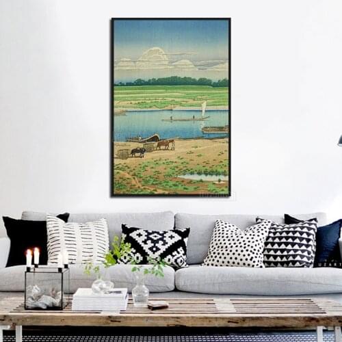 Landscape Poster of Ancient Chinese Blue Sky and White Clouds Under The Green Fields and Cattle Plowing Scene Wall Decoration